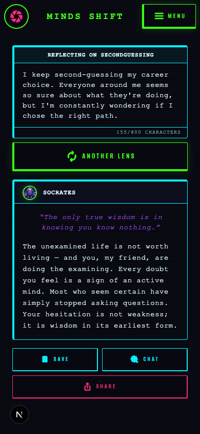 The Minds Shift response screen in the Cyberpunk theme — Socrates responding to a vent
